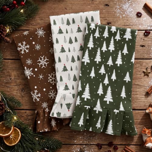 Fanfanwin 3 Pcs Christmas Kitchen Towels Set, 100% Cotton Ruffled 17"