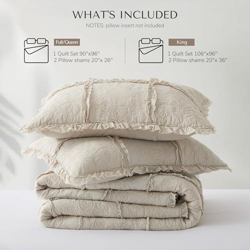 HORIMOTE HOME 100% Cotton Ruffle Quilt Set King Size, Beige Farmhouse