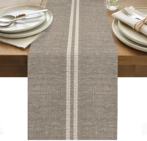 Cream Grain Line Table Runner, Soft Taupe Woven Canvas Style Romantic