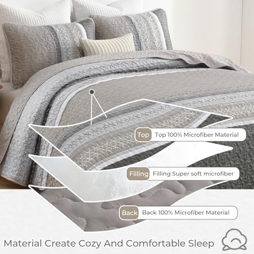 Cottolester Quilt Set Queen,Taupe Grey Striped Patchwork Bedspread