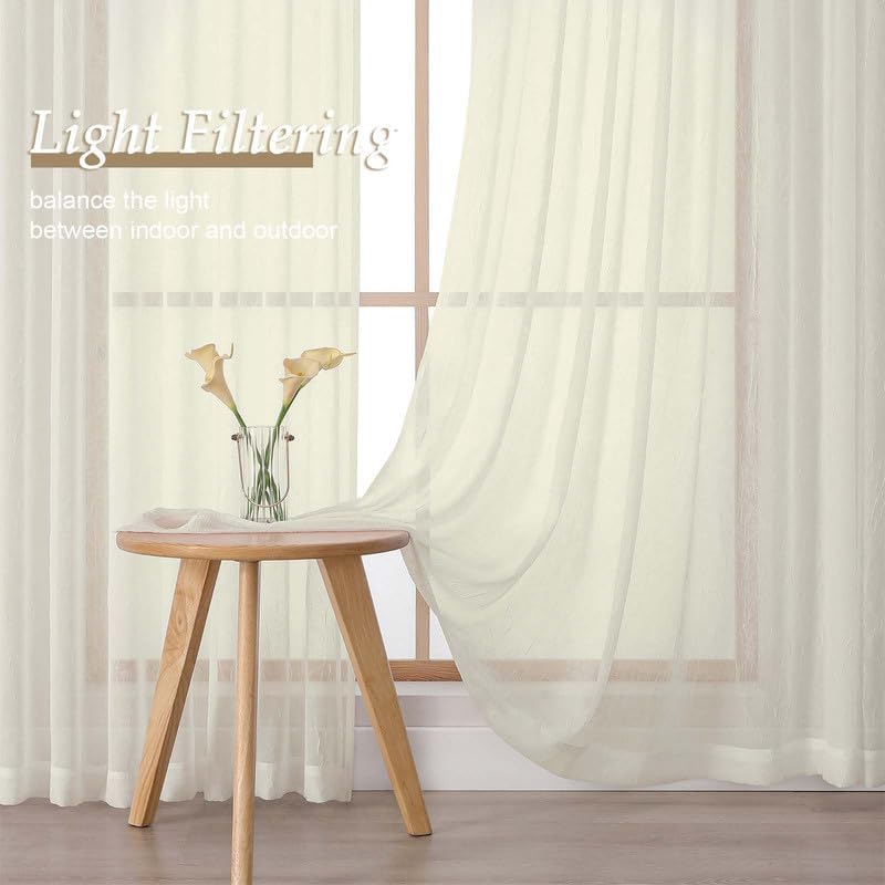 OVZME Cream Crushed Window Sheer Curtains 120 Inches Long 2 Panels