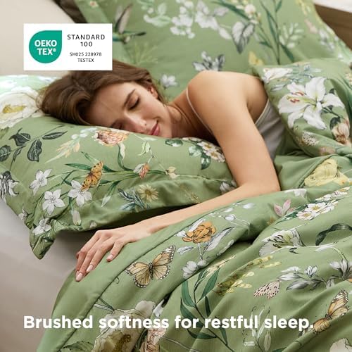 Bedsure Duvet Cover King Size - Reversible Green Floral&Bird Duvet