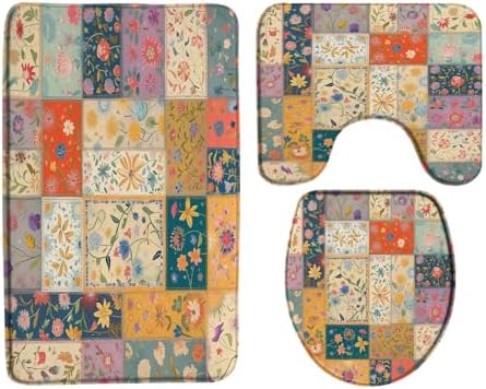 4 Pieces Bath Rugs Boho Floral Patchwork Vintage Country Multicolor