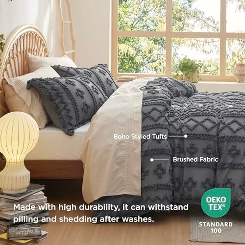 Bedsure Boho Duvet Cover Queen, Tufted Embroidery, 3-Piece, Dark Grey