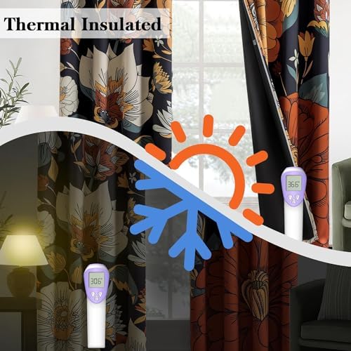 Tyrot Black Boho Floral Grommet Blackout Curtains, 52W x 96L, 2 Panels