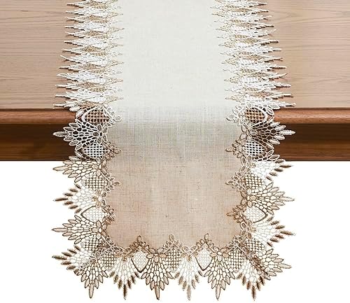 Natural Neutral Earth Tones Beige Lace Linen Table Runner 72 inches