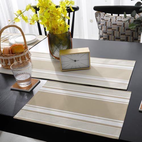 Farmhouse Beige Striped Table Runner and Placemats for Dining