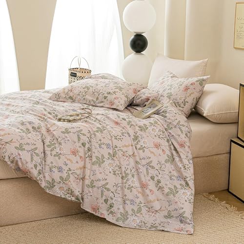 ECOCOTT Floral Duvet Cover Queen Size, 100% Washed Cotton 3 Piece