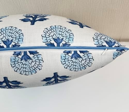 Marigold Floral Print 22x22 Throw Pillow Cover, Blue