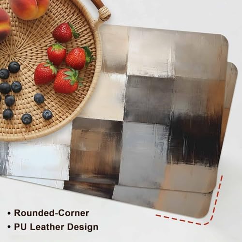 Retro Geometric Patchwork Leather Placemats Set of 6,12x18 Inch,Khaki