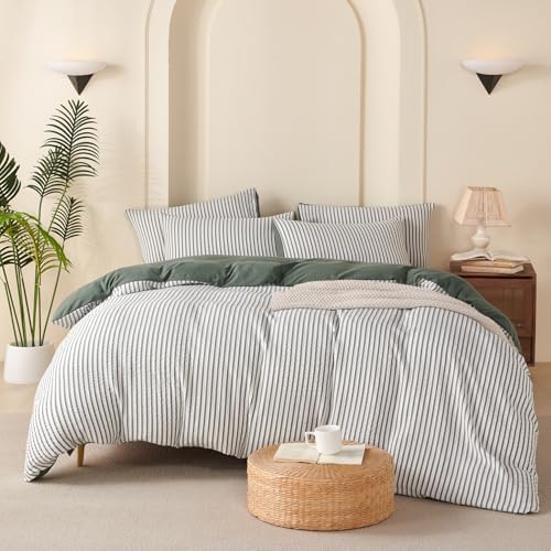 King Duvet Cover Set Striped Washed Microfiber Jacquard 3 Pieces