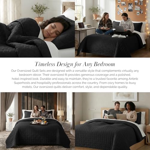 Oversized Black Quilt King Size Bedding Set with 2 Pillow Shams, Black