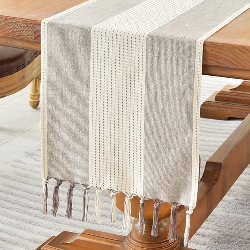Boho Table Runner with Tassels Rustic Striped Cotton Linen Farmhouse