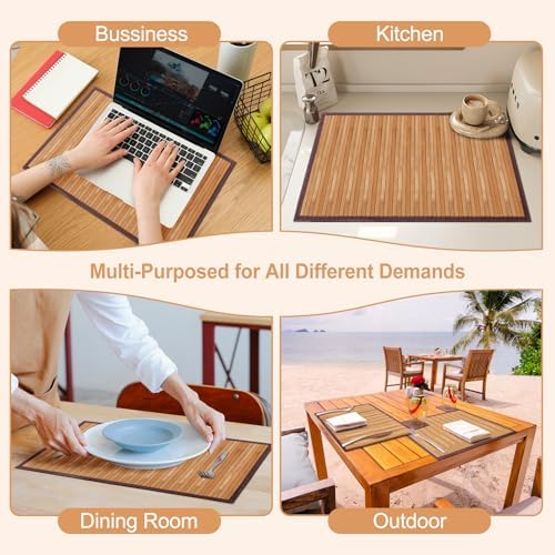 Bamboo Placemats Set of 8 with Fabric Border, Table Mats, Camel