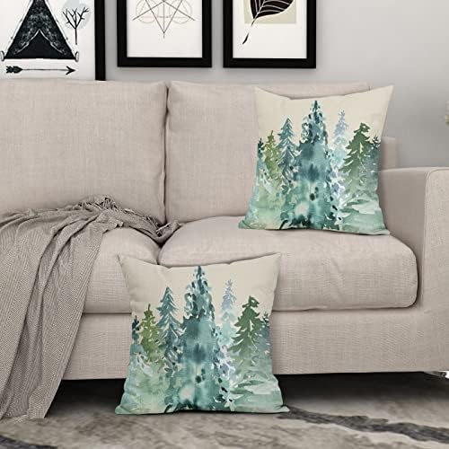 Watercolor Blue Green Tree Pillow Covers 22x22 Set of 2 Rustic Style