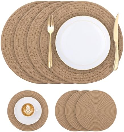 Round Woven Placemats Set of 4, Heat Resistant 12x12in Brown