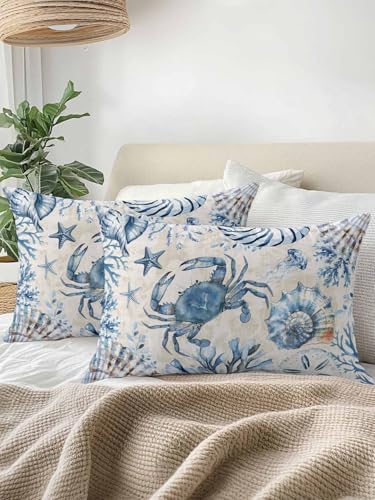 Outdoor Pillows Waterproof, Blue Crab Coastal Bedding Throw Pillows