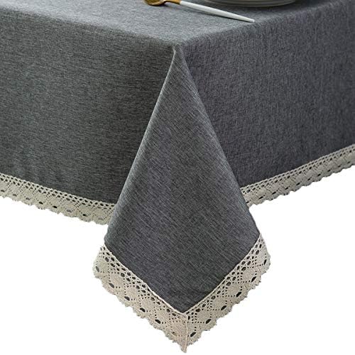 EHouseHome Faux Linen Tablecloth with Lace Trim - Waterproof/Spill