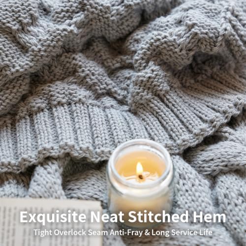 Cable Knit Throw Blanket, Soft Acrylic, Light Grey, 50x60
