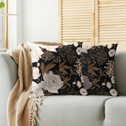Vintage Peony Black Floral Plant Pillow Covers 20X20 Inch Set of 2