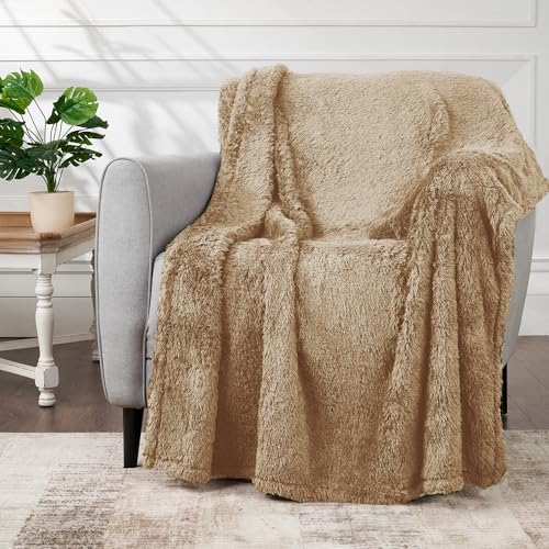 Cozy Chenille Sherpa Throw Blanket, Light Brown, 108" x 90"