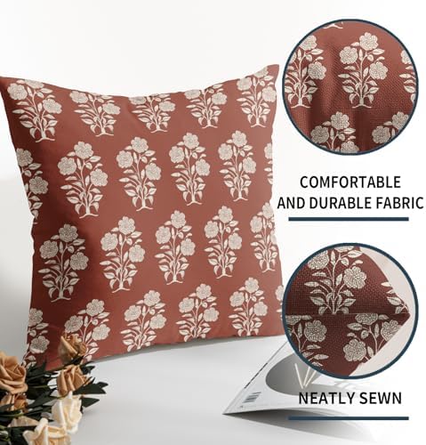 Rust Red Floral Pillow Covers 18x18 Set of 2 Block Print Cream Vintage