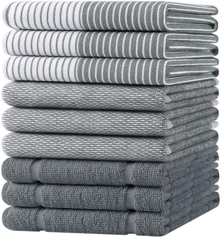 Homaxy 9 Pack Cotton Terry Premium Kitchen Towels, 18 x 28 in, Grey