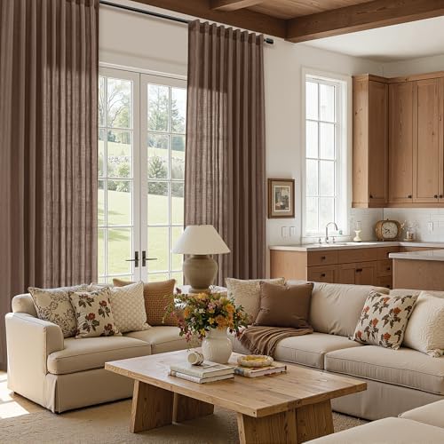 Nanspring Linen Curtains 96 Inch Long for Bedroom Hook Belt Caramel