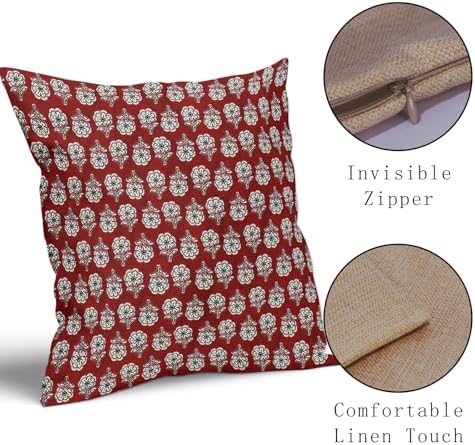 Floral Pillow Covers 18x18 Inch Set of 2 Dark Red Flowers Block Print