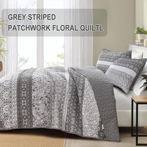 WONGS BEDDING Boho Quilt Full Set,3 Pcs Grey Floral Striped Bedspread