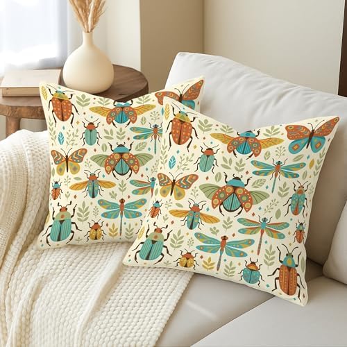 Butterfly Throw Pillow Covers Set of 2, Nature Fanciful Beetle