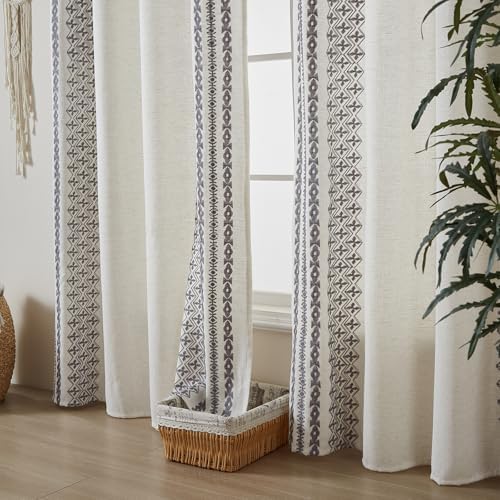 Beige Boho Curtains 84 Inch Length 2 Panels Set Faux Linen Embroidered