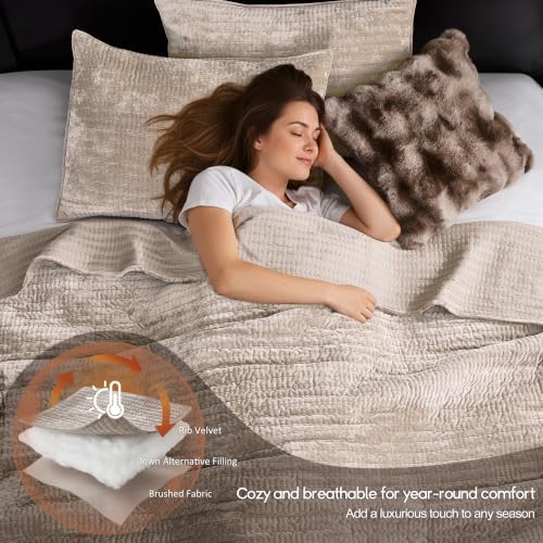 WDCOZY Velvet King Size Quilt Set - Beige Striped Pick Stitch Soft