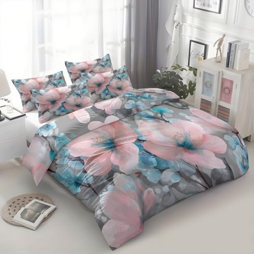 Watercolor Flowers Plants King Duvet Cover Set, Soft Microfiber