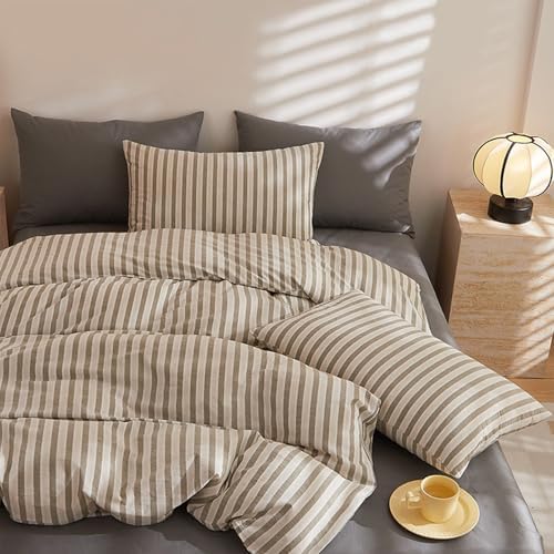 Grey Striped Duvet Cover Set 3 Pieces - King Size Soft Washed Cotton