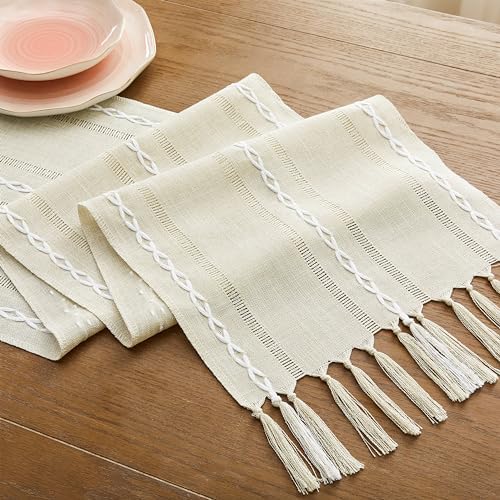 Hemstitched Farmhouse Table Runner, Beige 13x36 Inch, Cotton Linen
