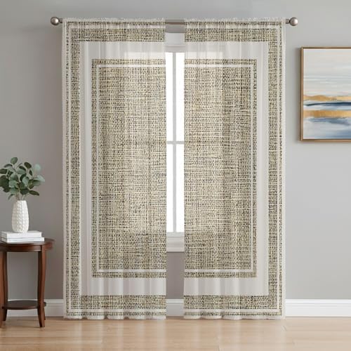 Beige Rustic Sheer Curtains 63 Inch Length 2 Panels Set, Farmhouse
