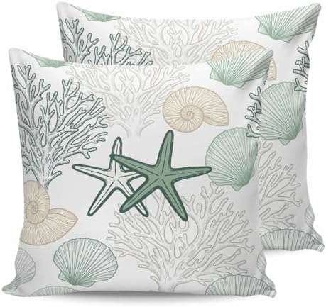 18x18 Throw Pillows Set of 2, Green Coastal Waterproof Outdoor Pillow