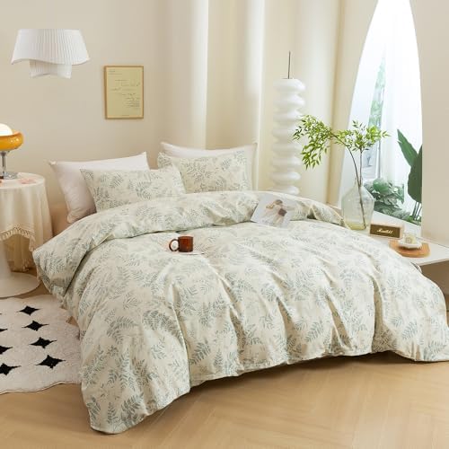 ECOCOTT 3 Pieces Duvet Cover Set with Vintage Green Leaves Pattern