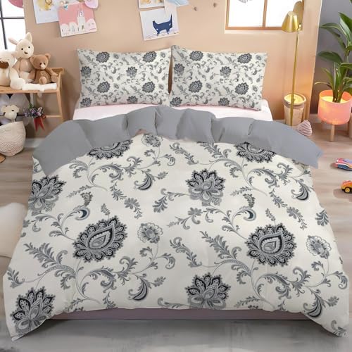 Soft Paisley Flowers Duvet Cover Queen Size, Printed Bedding Set