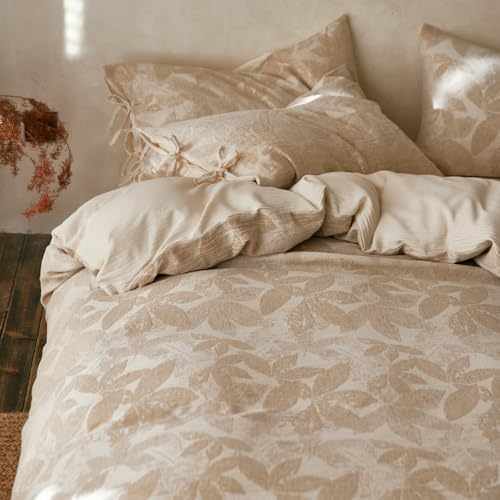 Linen Cotton Duvet Cover Full,Soft Breathable,Leaves Jacquard Textured