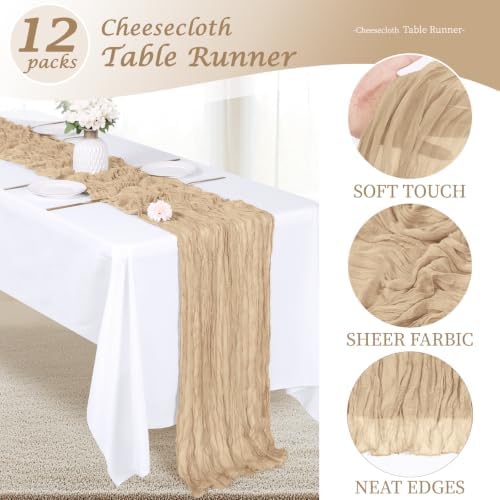 12 Pack Beige Cheesecloth Table Runner, Gauze Table Runners 17 x 108