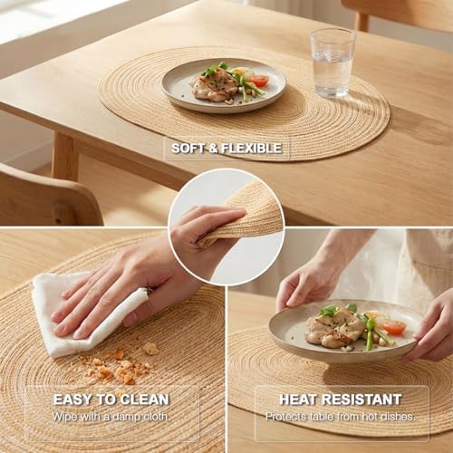 Placemats Set of 8, Woven Oval Braided Dining Table Mats(Beige Brown)