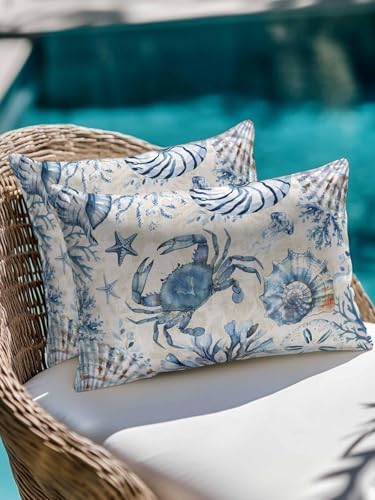 Outdoor Pillows Waterproof, Blue Crab Coastal Bedding Throw Pillows