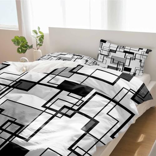 Duvet Cover Set Queen, Modern Abstract Square Stripes 3 Piece Bedding