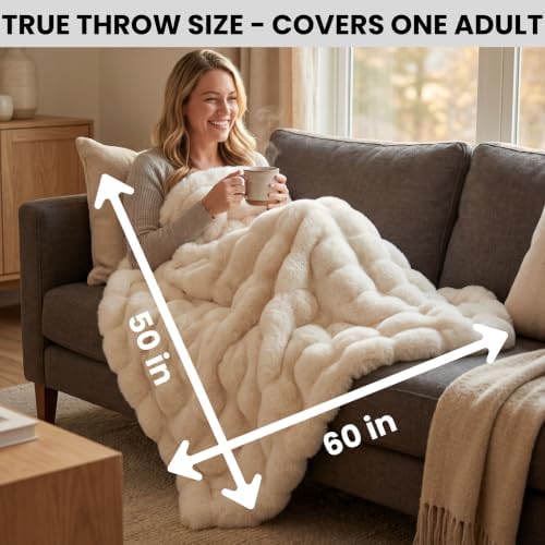 Soft Throw Blanket, 1000 GSM Faux Fur Bubble Blanket, Cream 50x60