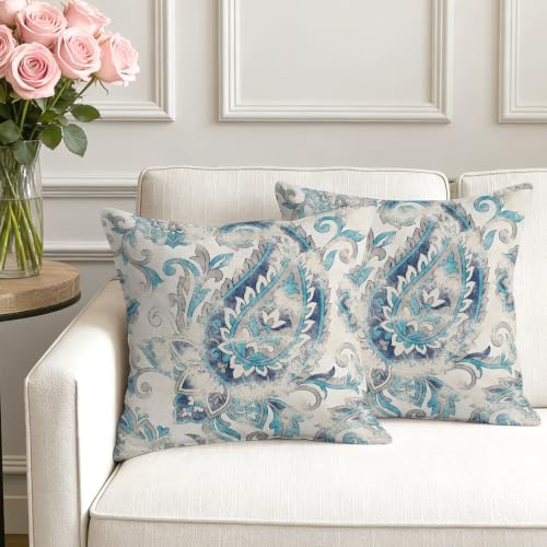 Vintage Paisley Throw Pillow Covers, Boho Teal Blue Ethnic Curving
