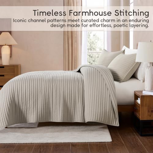 palassio King Quilt Bedding Set Channel Pick Stitch Striped Beige