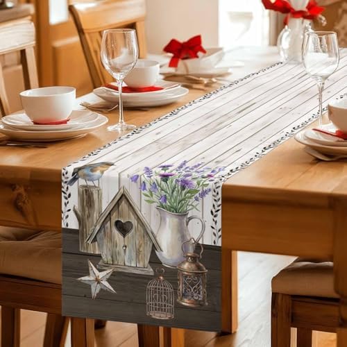 Floral Vases Table Runner 120 inches Long Vintage Birds Cages