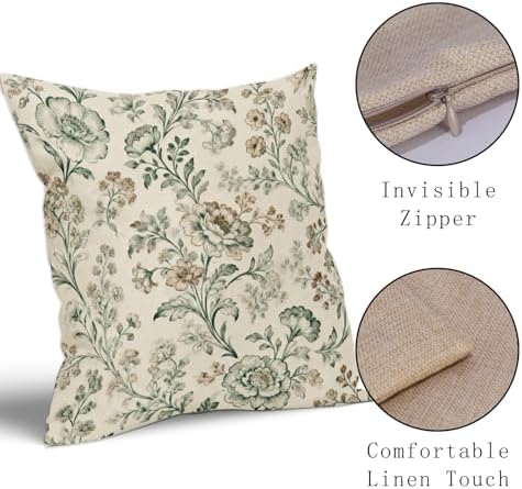 Sage Green Brown Vintage Floral Pillow Covers 22x22 Inch Set of 2